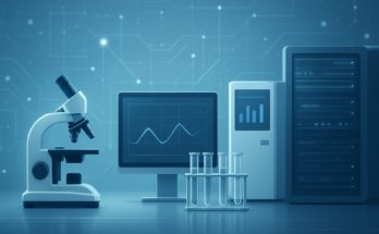 A laboratory setup featuring a microscope, computer display with a graph, and test tubes, highlighting the precision tox